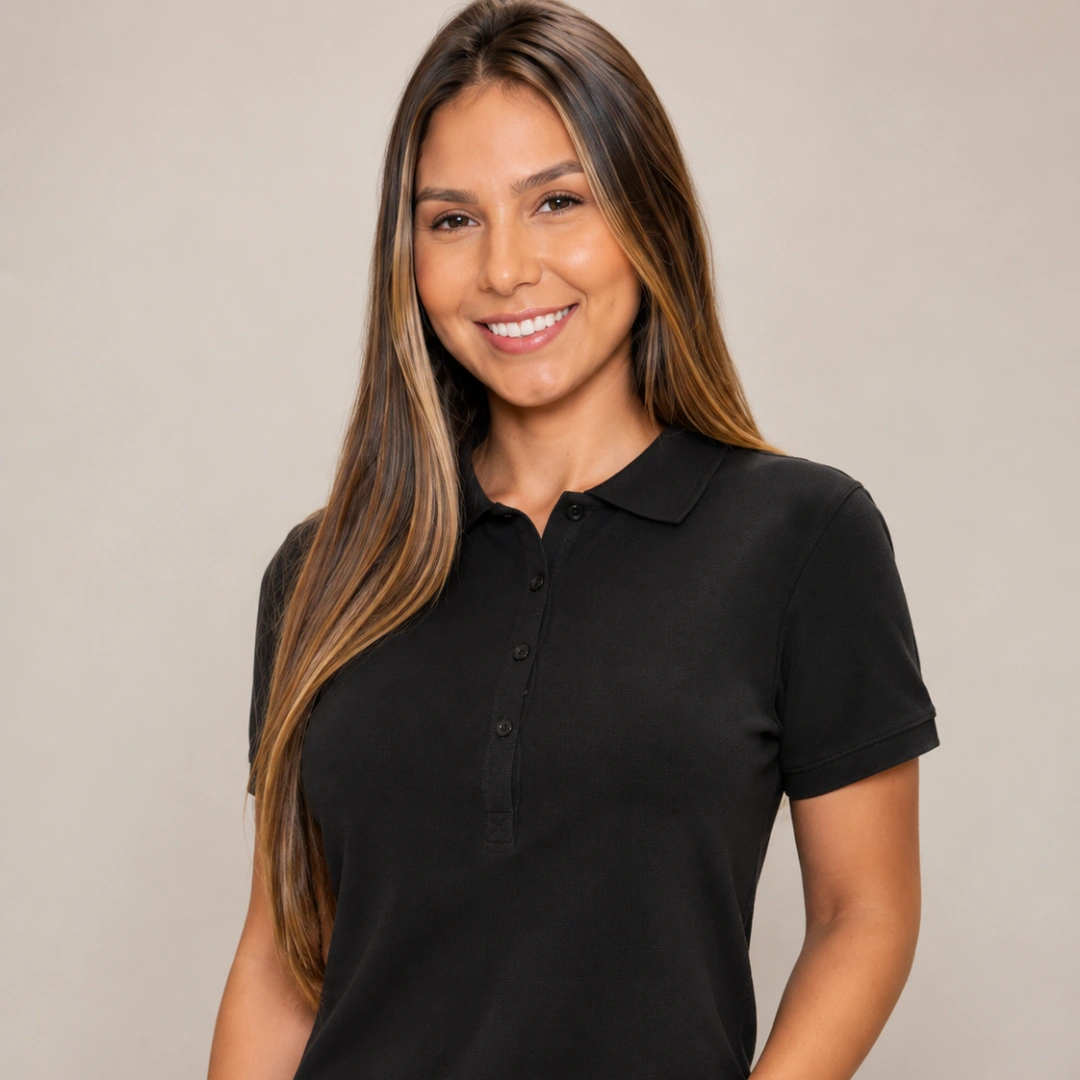 Modelo vestindo camisa polo feminina preta MAISON CARIOCA em estúdio