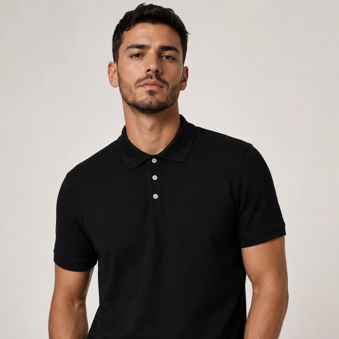 Modelo vestindo camisa polo preta MAISON CARIOCA em estúdio