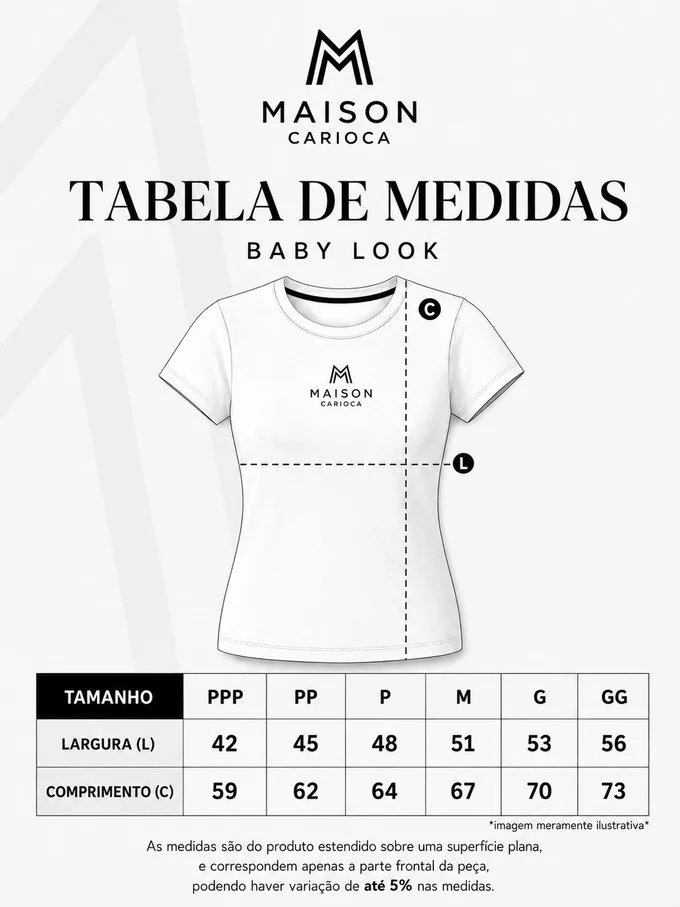 Tabela de medidas da baby look em centímetros, por tamanho