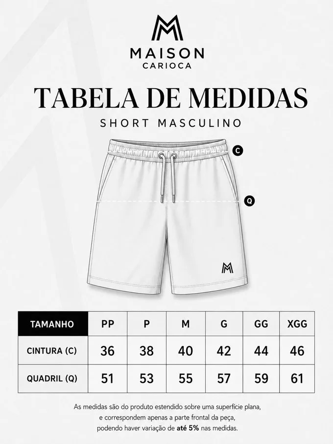 Tabela de medidas do short masculino e feminino em centímetros, por tamanho